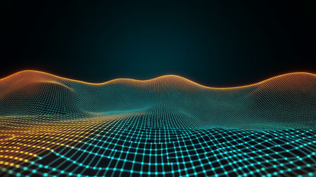 A captivating digital landscape featuring neon grid waves and dynamic light effects. This abstract visualization represents futuristic technology and creativity.の素材