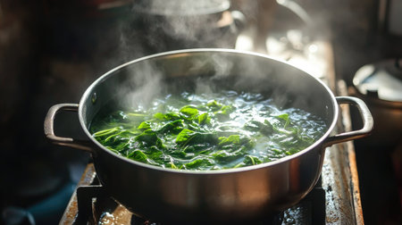 A rustic kitchen scene with a pot of water spinach being stir-fried on the stove, showcasing the vibrant colors and cooking process in actionの素材