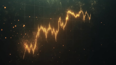 This abstract image features a golden financial chart illustrating stock market trends. It symbolizes analytics, investment insights, and economic performance.の素材