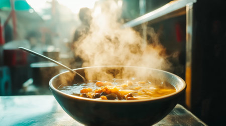 A vibrant bowl of steaming soup captures the essence of street food life. The inviting aroma and fresh ingredients promise a delightful culinary experience.の素材