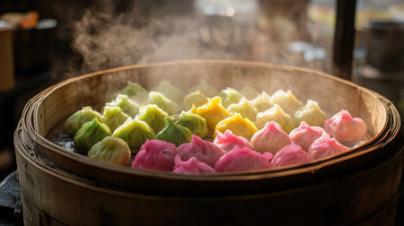 A steaming bamboo basket filled with vibrant dumplings in various colors, including green, pink, and yellow, highlighting the artistry and freshness of handmade dim sum.の素材
