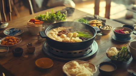 A rustic wooden table set with a hot pot filled with broth, surrounded by various dipping ingredients, capturing the essence of cozy family dinners and shared experiences.の素材