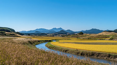 A serene landscape of rice fields with a winding irrigation canal running through, surrounded by distant mountains under a clear blue skyの素材