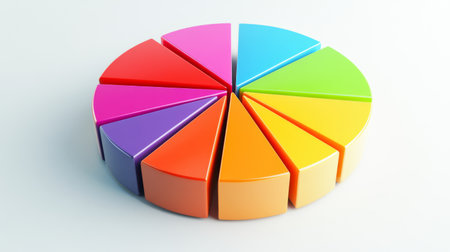 Brightly colored pie chart segments on a minimalist white background ideal for infographics, presentations, or educational materials, symbolizing data analysis.の素材