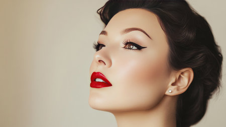A glamorous woman with a sophisticated makeup look, including bold eyeliner and red lipstick, posing confidently against a soft, neutral background.の素材