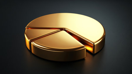 This image features a polished gold pie chart representing business growth and success. It symbolizes investment and strategic analysis in a modern, elegant style perfect for presentations.の素材