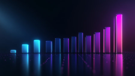 Colorful 3D graph bars rise dramatically against a dark background, representing data growth and success. Ideal for business, finance, and technology themes.の素材