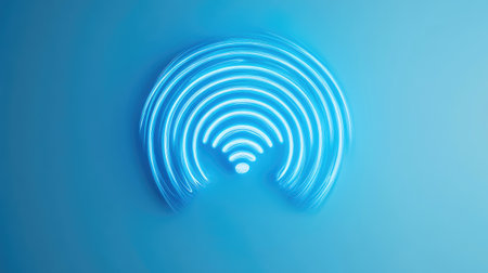 A minimalist design of a Wi-Fi icon glowing in neon blue, with signal waves spreading out in concentric circles, isolated on a plain white background to focus on the symbol.の素材