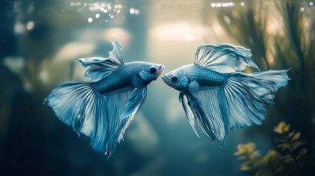 Two beautiful blue fish gracefully swim in a tranquil aquarium, showcasing their vibrant fins and harmonious movements among the soft bubbles and aquatic plants.の素材