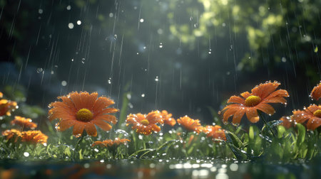 A peaceful scene of a garden filled with flowers, their petals covered in droplets after a rain shower, highlighting the freshness and beauty of natureの素材