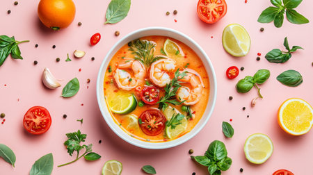 This stunning shrimp soup features a colorful medley of cherry tomatoes, lime, and fresh herbs. Perfect for culinary enthusiasts and healthy eating.の素材