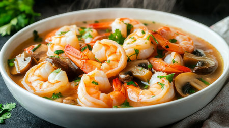 A delicious and vibrant shrimp dish featuring fresh mushrooms and herbs served in a white bowl, perfect for culinary enthusiasts and food lovers.の素材