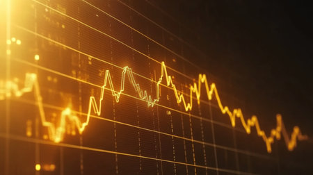 Vibrant golden graph depicting financial trends, showcasing market fluctuations and investment analysis for businesses and finance enthusiasts.の素材