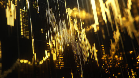 This abstract image showcases a vibrant visualization of financial data with gold hues and dynamic patterns, capturing the essence of modern investment technology.の素材