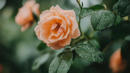 A close-up of a blooming rose with delicate water droplets on its velvety petals, capturing the elegance and beauty of flowers in natureの素材