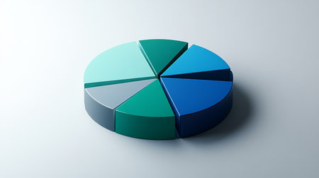 This 3D pie chart features vibrant colors and distinct segments, symbolizing data representation, perfect for business presentations, marketing strategies, and financial reports.の素材
