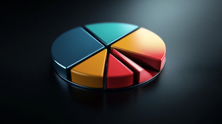 Vibrant pie chart segments arranged on a dark surface highlight data analysis and business strategy. Ideal for marketing and presentation materials.の素材