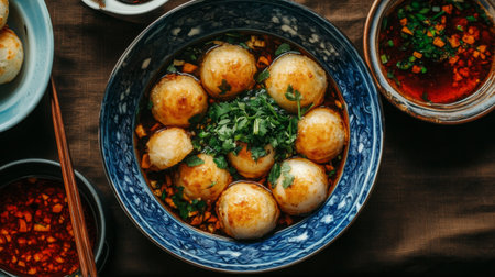 A vibrant bowl of delicious Asian dumplings served in spicy sauce, garnished with fresh herbs. Perfect for food lovers and culinary enthusiasts.の素材