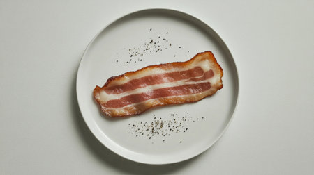 A minimalist composition featuring a single, perfectly cooked slice of bacon lying flat on a white plate, with a sprinkle of black pepper, highlighting its savory appeal.の素材