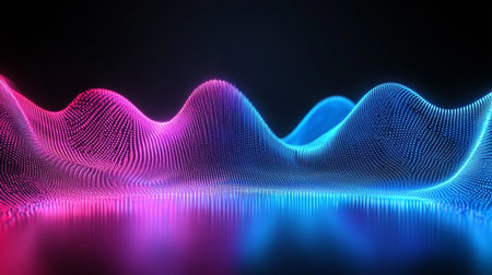 Vibrant and colorful abstract waveform design featuring neon lights. The smooth curves and reflective surfaces create a futuristic atmosphere, perfect for digital art.の素材