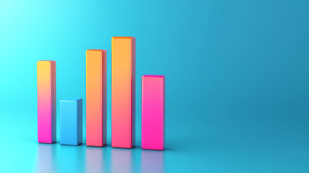 Vibrant 3D bar graph in bright pink and orange shades against a blue background. Ideal for illustrating data trends in modern business presentations or reports.の素材