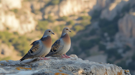 Two colorful birds rest elegantly on a rocky surface, showcasing their intricate feathers against a blurred natural background, symbolizing tranquility and companionship.の素材