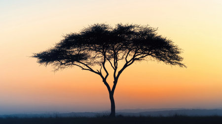 A serene silhouette of a lone tree against a pastel-colored sky at dawn, with delicate branches outlined against the soft, gradient background.の素材