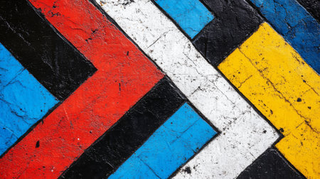 This vibrant image features an abstract design of colorful geometric shapes painted on an urban surface, showcasing creative street art and modern aesthetics.の素材