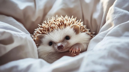 A cute hedgehog curled up in a bed of soft bedding, with tiny eyes peeking out, showcasing the unique charm and cuteness of this exotic pet in a cozy environment.の素材