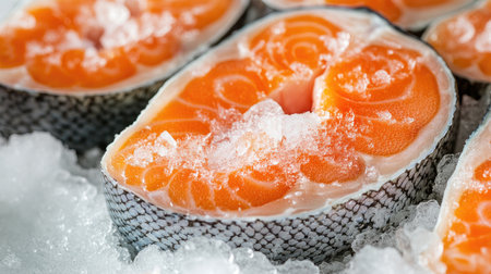 A close-up shot of fresh salmon fillets displayed on ice at a seafood market, highlighting their rich pink color and the textures of the fish, ready for culinary preparation.の素材