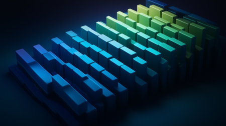 This image features an abstract arrangement of geometric shapes in a striking blend of blue and green gradients. The interplay of light and shadow adds depth to the modern design.の素材