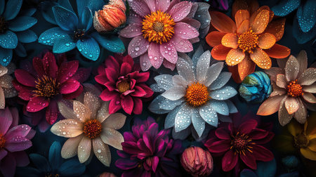 A beautiful composition of assorted flowers with droplets of rain resting on their colorful petals, showcasing the vibrant palette of nature after a stormの素材