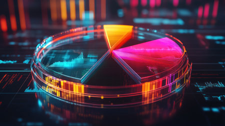 A glowing D pie chart with transparent sections, hovering in a digital space, with each segment representing different financial data points and percentages.の素材