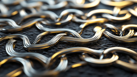 A detailed close-up of interwoven metallic chains showcasing intricate patterns and textures against a dark surface, highlighting their reflective qualities and artistry.の素材