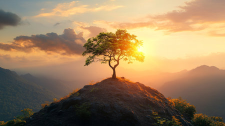 A solitary tree stands majestically on a hilltop, basking in the golden glow of a serene sunset. This picturesque scene captures the beauty of nature and tranquility.の素材
