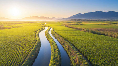 A serene landscape of rice fields with a winding irrigation canal running through, surrounded by distant mountains under a clear blue skyの素材