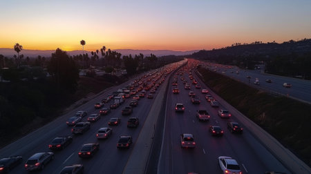 Dynamic view of a busy highway filled with cars during sunset. Palm trees line the road, creating a captivating urban landscape with vibrant hues.の素材