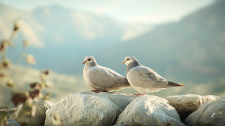 Two beautiful birds rest peacefully on a rock, surrounded by a soft and tranquil mountain backdrop. The scene captures nature's simplicity and beauty.の素材
