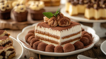 A creative shot of Italian desserts, including tiramisu and panna cotta, beautifully arranged on a dessert platter, showcasing the delightful end to an Italian meal.の素材