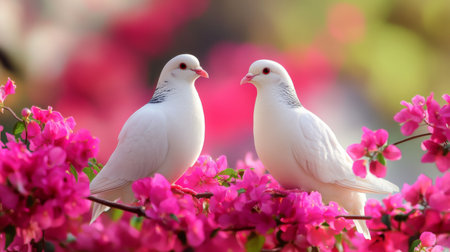 Two elegant white doves are perched gracefully among vibrant pink bougainvillea flowers, creating a serene and romantic scene in nature's beauty.の素材