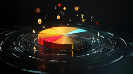 A dynamic D pie chart emerging from a digital interface, representing quarterly earnings distribution, surrounded by floating icons symbolizing various financial metrics, highlighting innovation in finance.の素材