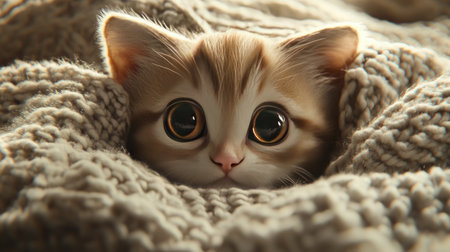 A close-up of a playful kitten with big, bright eyes and a tiny pink nose, gazing curiously from a soft, knitted blanket.の素材