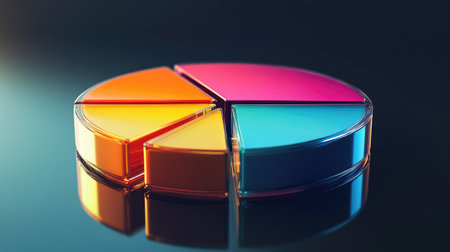 A close-up of a D pie chart with gradient colors, showcasing financial statistics, with each slice separated for emphasis, placed on a sleek, reflective surface.の素材