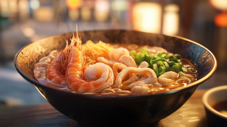 A delicious ramen bowl featuring seafood toppings like shrimp and squid, artfully arranged in the broth, with a blurred background of a traditional Japanese setting for an authentic feel.の素材