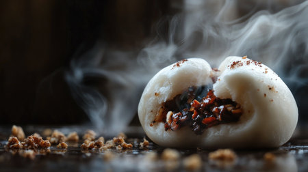 A close-up of a half-opened bao bun revealing its rich filling, with steam rising, capturing the enticing aroma and inviting texture that makes it irresistible.の素材