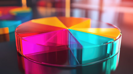 A modern D pie chart with colorful, glass-like slices rotating slightly, highlighting key data points in a business or financial presentation setting.の素材