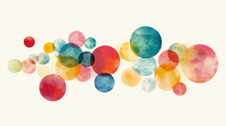 This vibrant abstract artwork features colorful bubbles in a variety of sizes and hues on a soft cream background, ideal for modern design projects.の素材
