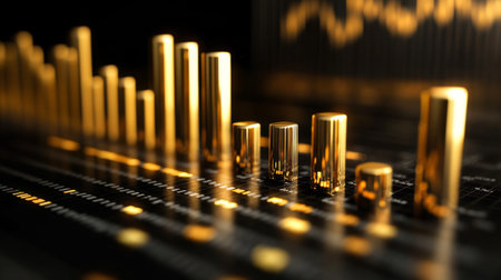 This image features a creative representation of financial data with gold bar graphs set against a dark background, illustrating growth and investment trends.の素材