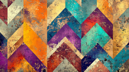 This vibrant abstract geometric pattern features textured chevron shapes in warm and cool tones, creating a unique and eye-catching design suitable for various applications.の素材