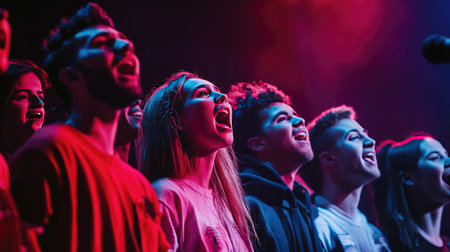 A diverse group of singers standing in harmony on stage, passionately performing a choral piece with expressive faces, showcasing the beauty of musical collaboration.の素材